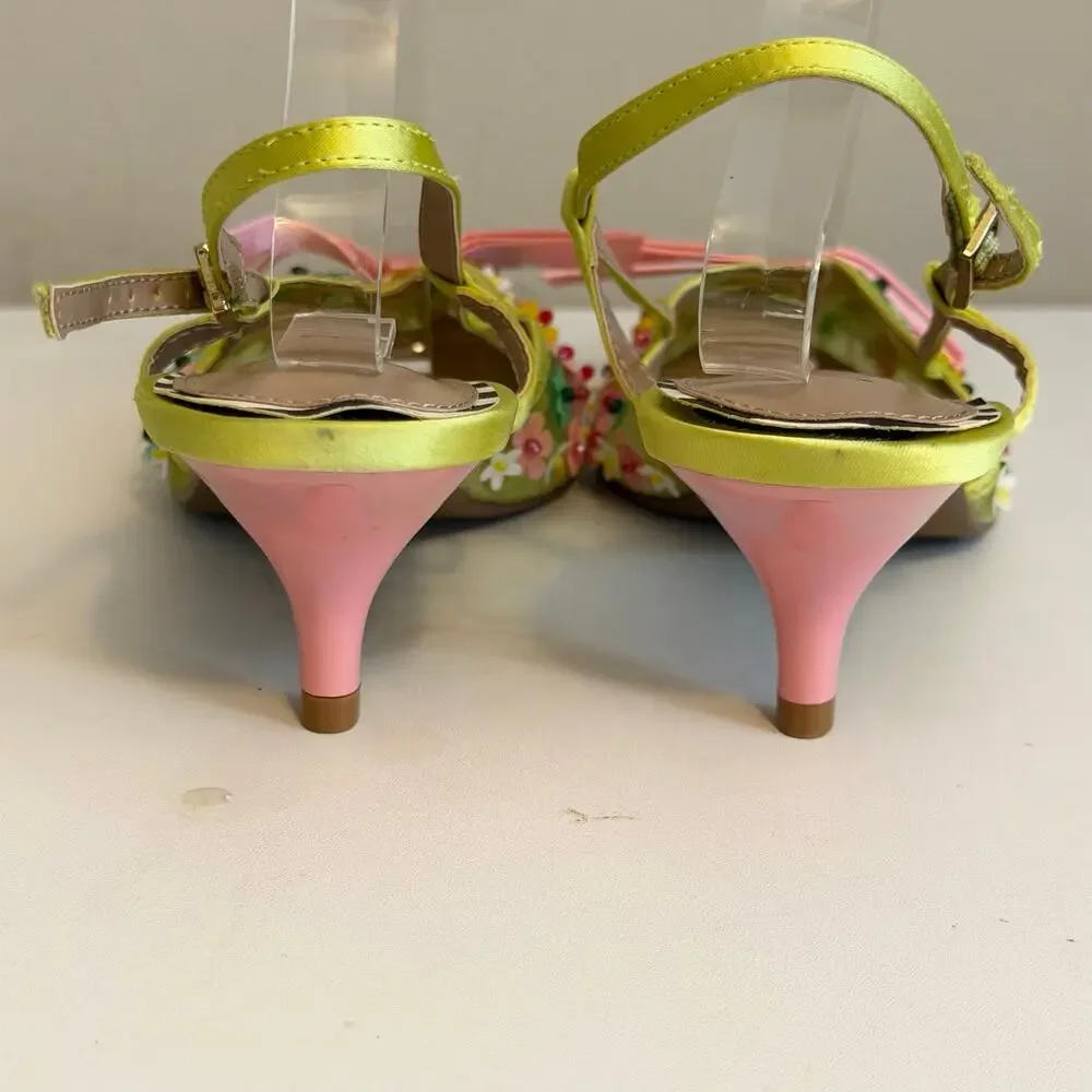 Betsey Johnson Witney Lime Floral Slingback Kitten Heels 8.5 Bow Whimsical Party
